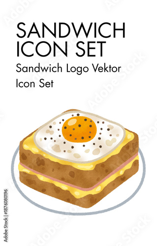 Sandwich Icon Set with Fried Egg and Ham Croque Monsieur and Bacon Logo Vector