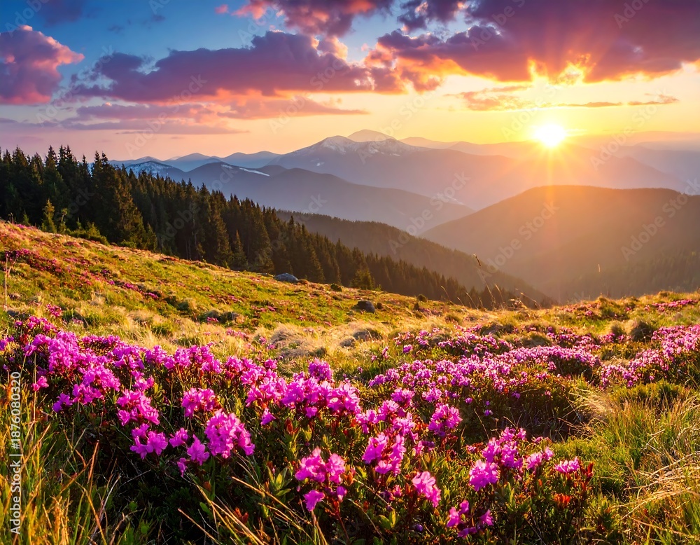 Obraz premium A vibrant sunset casts golden light over rolling hills, wildflower meadows, and distant mountain ranges