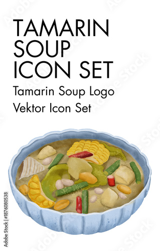 Delicious Authentic Tamarind Vegetable Soup Illustration Icon Set, a Traditional Asian Culinary Dish Graphic