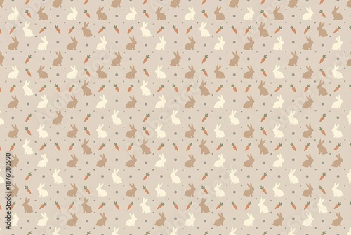 Seamless pattern with cute cartoon rabbits and carrots. Easter holiday background for children decoration, scrapbooking, fabric print.