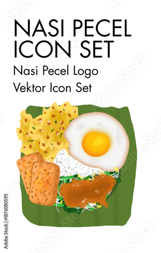 Delicious traditional Nasi Pecel Indonesian food vector illustration icon set. Authentic Asian cuisine with rice, vegetables, and classic side dishes