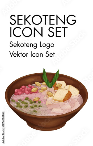 Detailed vector illustration of a traditional warm Indonesian sweet beverage, featuring ginger, peanuts, and various colorful dessert toppings