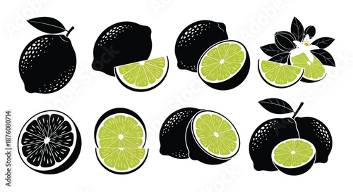 A set of black and green lime illustrations in various cuts
