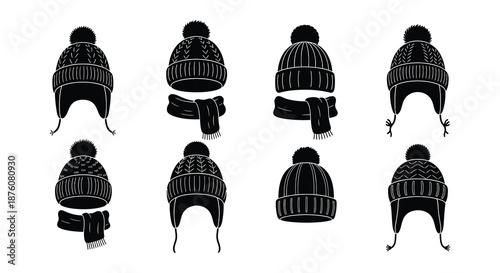 A set of black winter hats and scarves