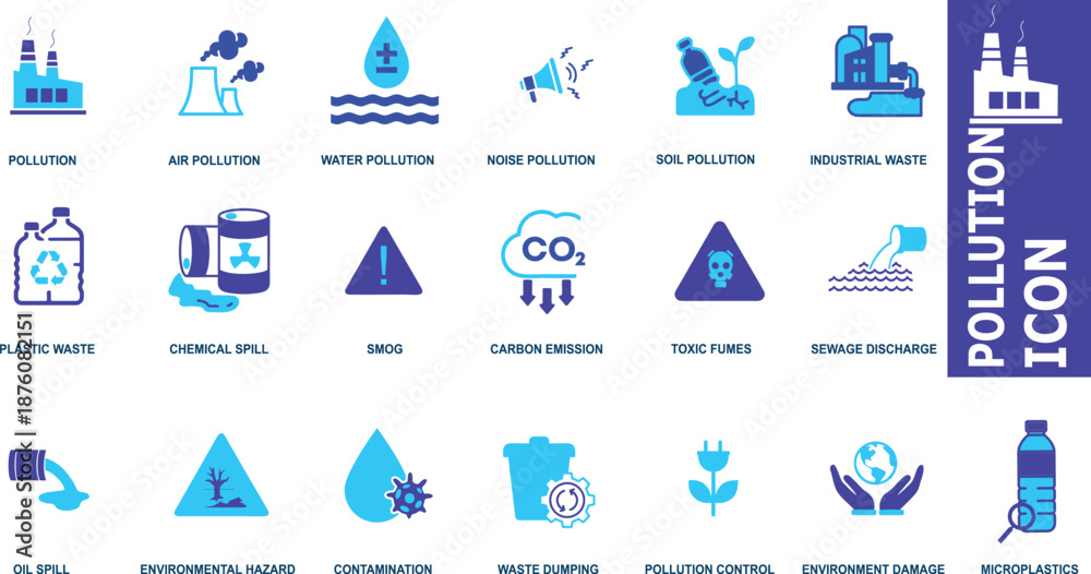 Fototapeta premium Environmental Pollution Icon Set with Industrial Waste and Carbon Emission Symbols, Blue Vector Graphics for Air Water Pollution, Global Warming, and Climate Change.