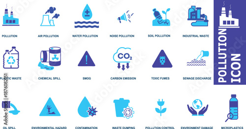 Environmental Pollution Icon Set with Industrial Waste and Carbon Emission Symbols, Blue Vector Graphics for Air Water Pollution, Global Warming, and Climate Change.