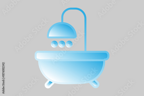A minimalist graphic of a bathtub combined with a shower. It features a rounded tub with small legs, an curved shower neck, and three circular droplets representing falling water.