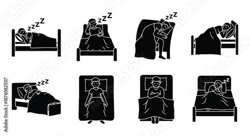 A series of illustrations showing different sleeping positions and a person getting into bed