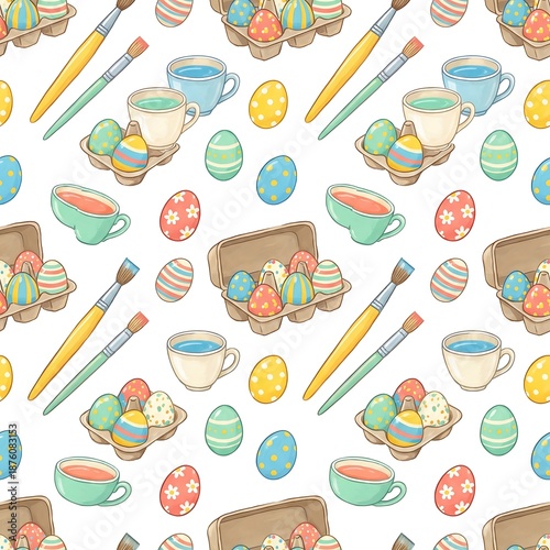 Colorful Easter egg decoration cartoon seamless pattern background. Festive spring design for wrapping paper, fabric, and greeting card.