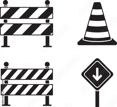 Black and white road construction signs and barriers