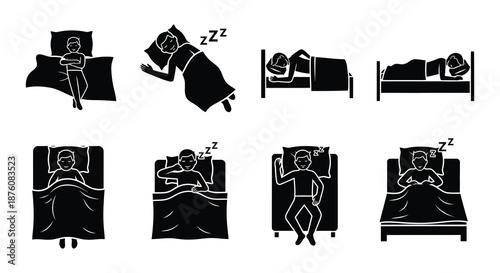 A series of illustrations showing different sleeping positions and a person getting into bed