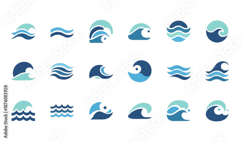 Ocean waves and flowing water flat vector icon set isolated on transparent background
