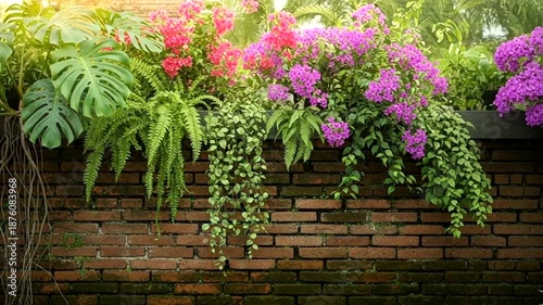 Floral Arrangement on Brick Wall Garden Scene.