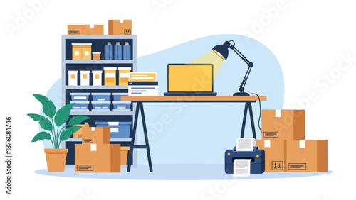 Cozy home office setup with a desk, computer, printer, and storage shelves, perfect for remote work and organization