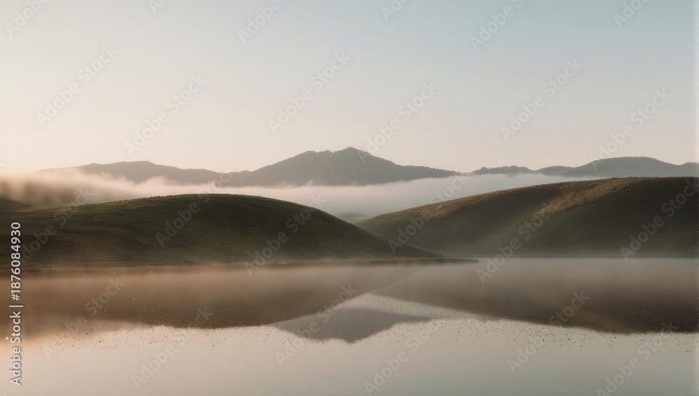 Fototapeta premium Misty mountain lake sunrise. Gentle hills reflect in calm water. Soft light paints the scene