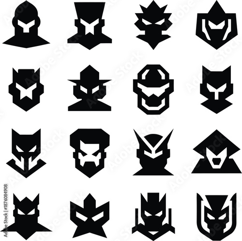Collection of black silhouette superhero and villain mask icons with geometric details for graphic design.