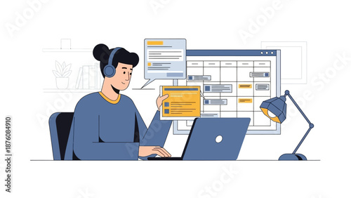 Productive young person focused on online learning and remote work, efficiently managing tasks, schedules, and digital communication from their home workspace
