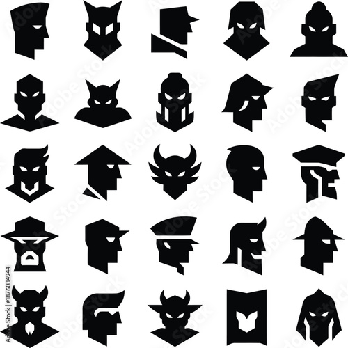 Collection of black silhouette superhero and villain head icons isolated on a white background for design projects.