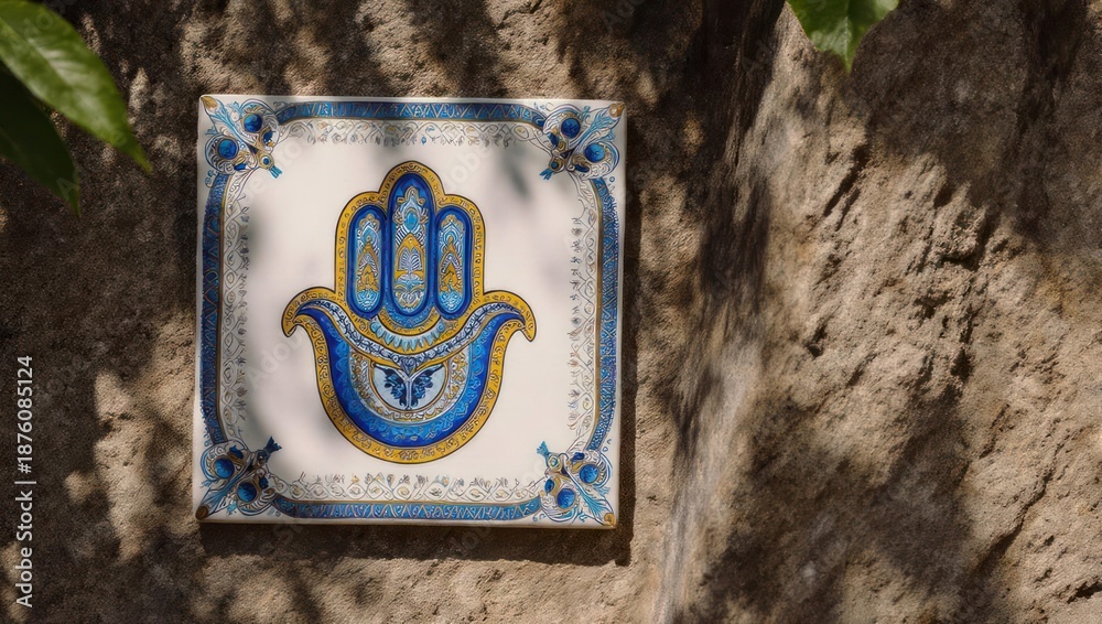 Fototapeta premium Ceramic hamsa hand tile on stone wall