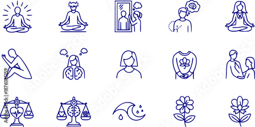 Emotional Intelligence Development Vector - Mindfulness Exercises Self-Awareness Mental Wellness Tools Continuous Line Art Therapy Psychology App