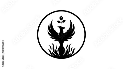 Black phoenix rising from flames in circle logo design