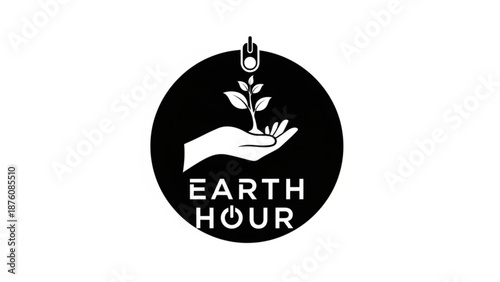 Earth hour logo with hand holding plant and light bulb