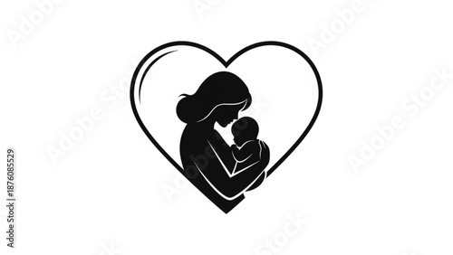 Mother holding baby silhouette in heart shape on white background