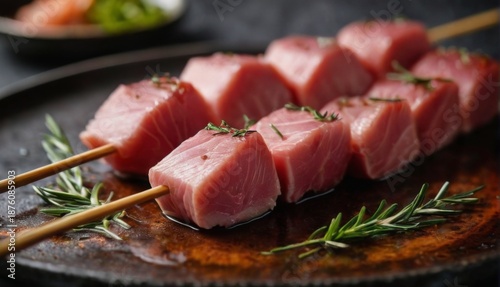 Delicious Raw Tuna Skewers on Black Plate with Herbs and Spices, Rosemary Garnish in Dark Kitchen Setting