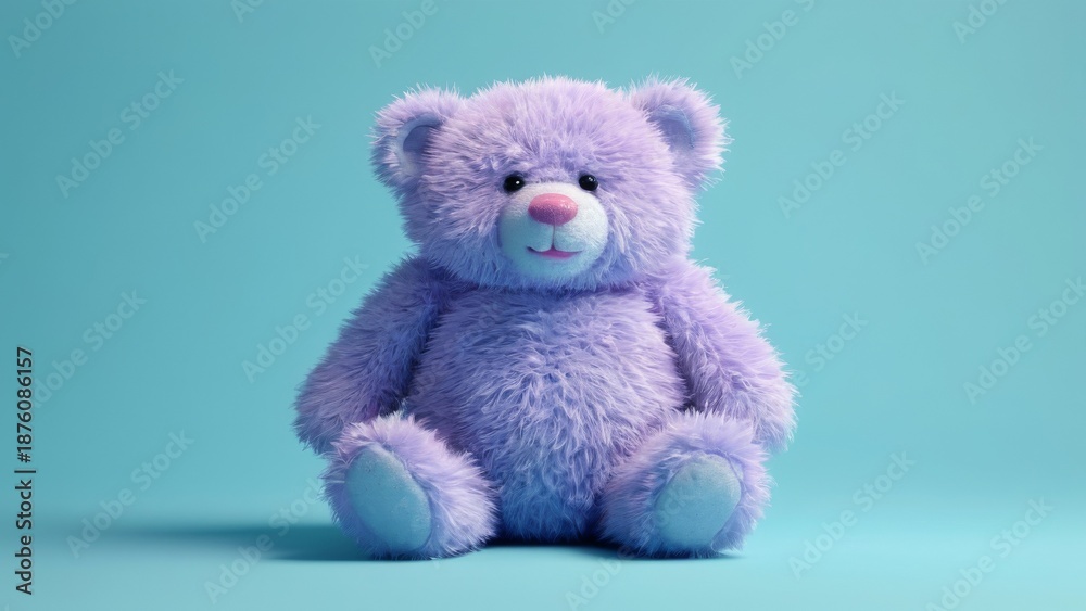 Fototapeta premium Peaceful 3D rendering of a fluffy light purple teddy bear sitting on a pastel blue background.
