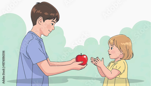 Vector graphics, flat illustration of a boy holding out a bright apple to his younger sister