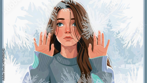 Vector graphics, flat illustration of a young woman gazing thoughtfully through an icy window