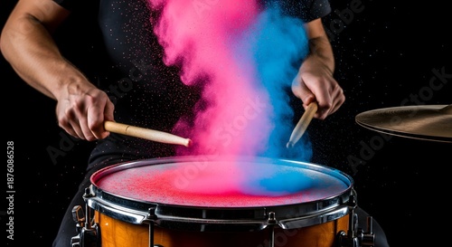 Drummer Hitting Snare Drum with Colorful Powder Explosion Action Music Photography