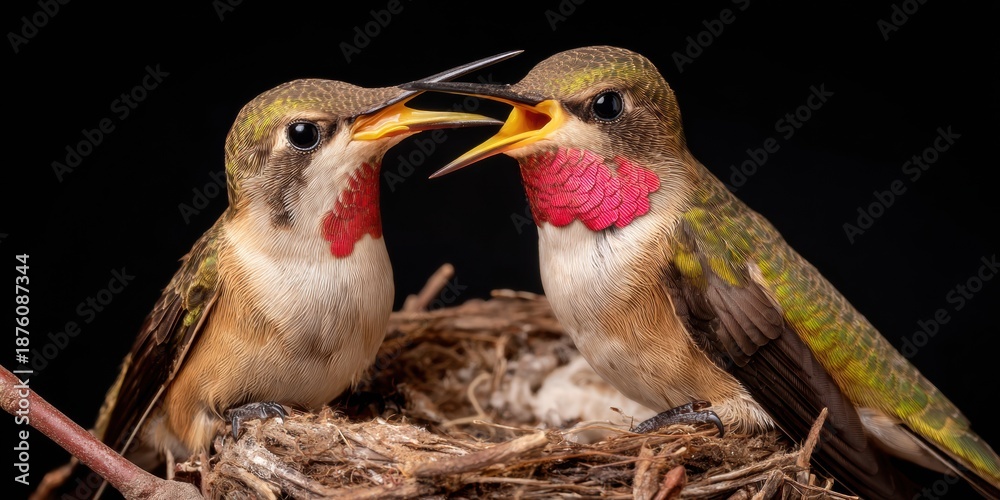 Fototapeta premium Authentic Hummingbird Mother Nurturing Baby in Nest Premium Family Content for Marketing and Social Media Campaigns