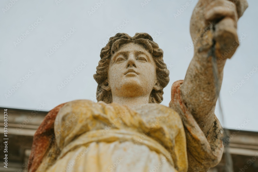 Fototapeta premium Lady Justice statue, a classical sculpture detail in linen tones with terracotta accents, symbolizing professional legal guidance and the far-reaching hand of justice