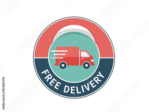 Circular badge graphic with a red delivery truck symbolizing complimentary shipping services and express package arrival