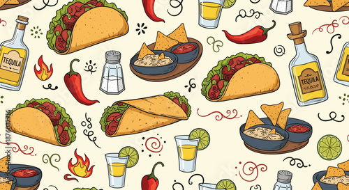 Colorful seamless pattern of mexican food featuring tacos nachos tequila and chili peppers for a vibrant culinary and festival background.