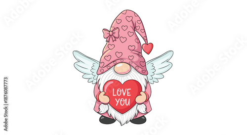 Adorable valentine gnome character with angel wings and pink heart hat holding a red heart with love you text on white background.
