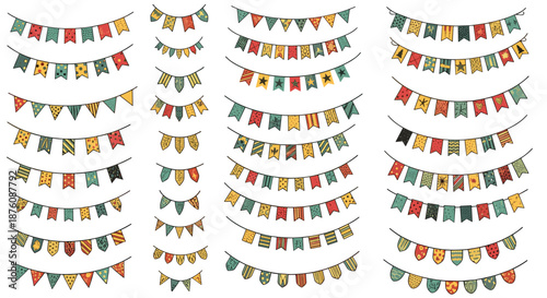 Collection of colorful festive bunting flags and decorative hanging garlands with various patterns for party celebrations and events.