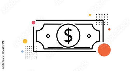 Stylized dollar bill banknote icon surrounded by colorful dots and geometric patterns representing finance, money, and wealth.