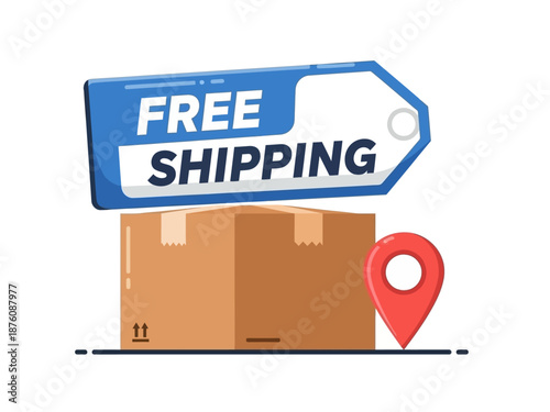 Free shipping graphic for online orders. Features a delivery box, a 'FREE SHIPPING' label, and a location pin. Symbolizes convenient e-commerce logistics
