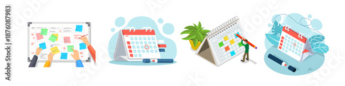 Tableau sur toile realistic illustration set depicting various scheduling and planning concepts, including calendars, sticky notes, and task management elements