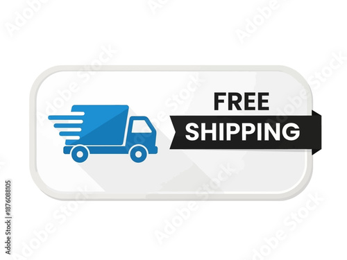 Dynamic graphic icon showcasing a vibrant blue delivery truck swiftly transporting goods, accompanied by a prominent 'FREE SHIPPING' banner, ideal for e-commerce promotions and online store badges