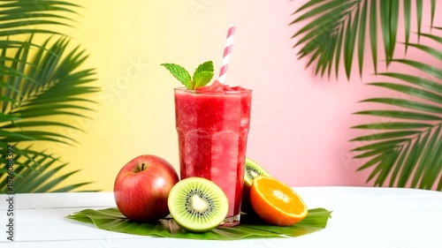 Fresh Fruit Smoothie with Straw and Garnish.