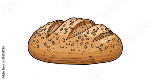 Loaf of freshly baked whole grain bread topped with various seeds illustrated in a warm and appetizing hand drawn style.