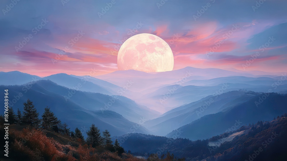 Fototapeta premium Full Moon Over Mountains - Landscape Photography, Dreamscape