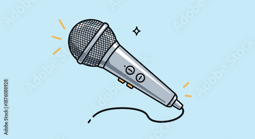 Professional microphone for singing and recording studio sessions isolated on a light blue background for podcasting and karaoke events.