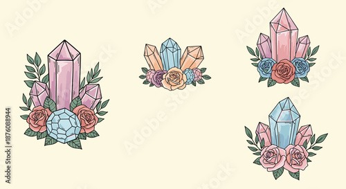 Collection of elegant crystal clusters decorated with delicate roses and green leaves on a light beige background for mystical or feminine designs.