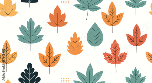 Seasonal seamless pattern with various autumn leaves in warm tones of orange, teal, and yellow on a white background for fall decorations.