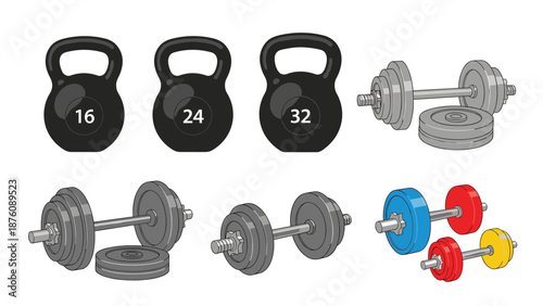 Fitness equipment collection featuring various kettlebells with weight markings, adjustable dumbbells, and colorful weight plates for training.