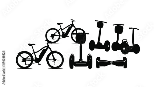 Silhouettes of bicycles and scooters on white background